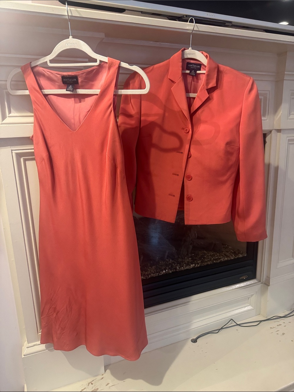 Ann Taylor Coral Red Sheath Dress and Cropped Blazer Set